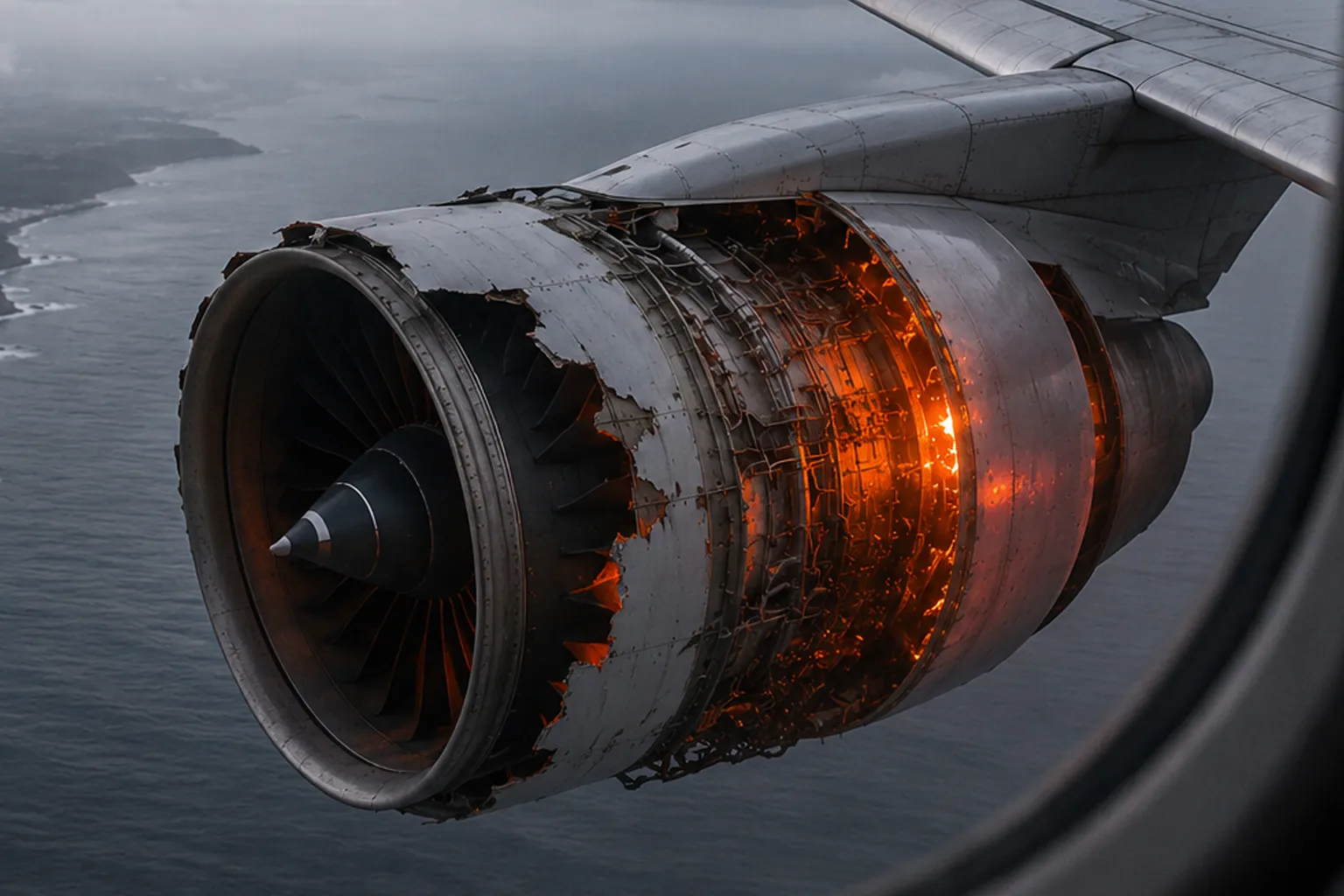 Brennende Flugzeugduese als Symbol fuer sichtbares Risiko